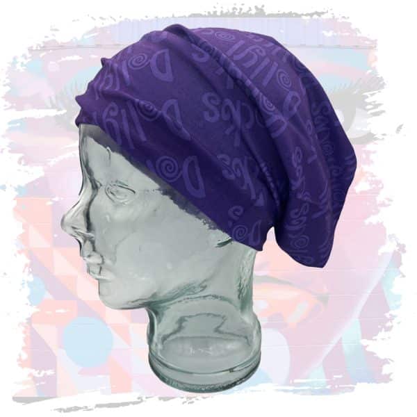 a glass head with a purple bandana