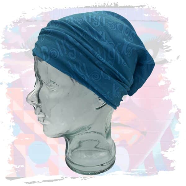 a glass head with a blue scarf on it